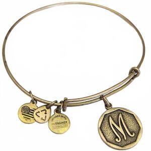 Alex and Ani " M " Initial Monogram Charm Expandable Bangle Bracelet Gold Tone